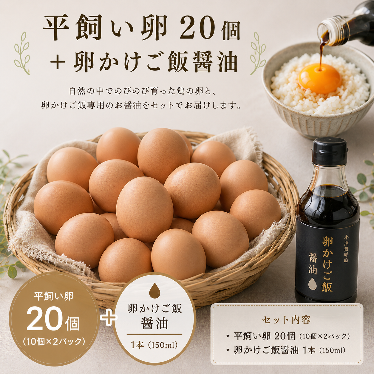 平飼い卵 20個
＋卵かけご飯醤油